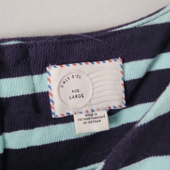 ANTHRO | Postage stamp Bow back striped dress navy blue sz L - Picture 4 of 6